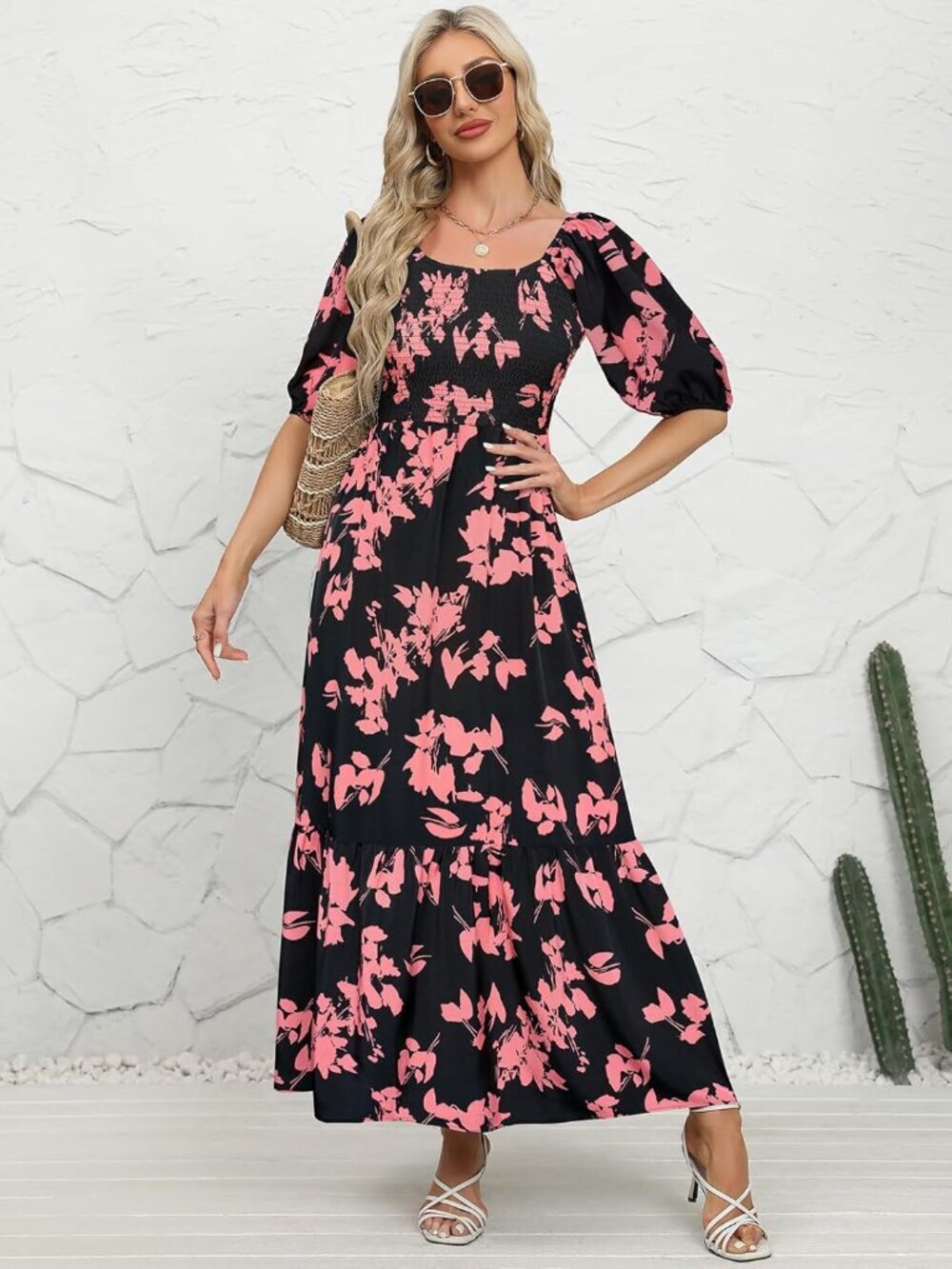 ใฝ๏ธWomen Black Pink Puff Sleeve Square Neck Tiered Ruffle Ankle Length Maxi Dress